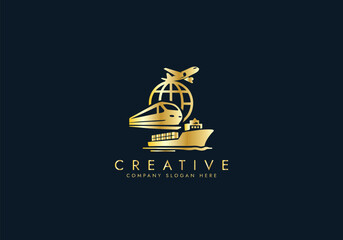 Travel Agency Logo with World Globe, Airplane,Ship,Suitcase,Global Transportation Logo vector design