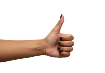 Confident hand giving a positive thumbs up gesture against a clean white background for approval or agreement