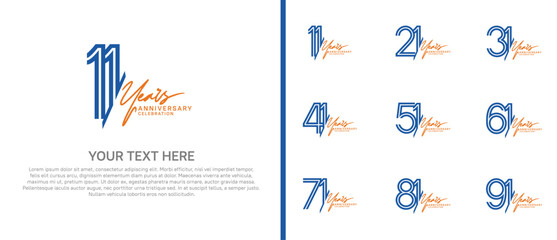 logo anniversary set. blue color with orange handwriting on white background for special event