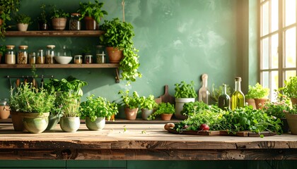 Rustic kitchen with herbs and sunlight