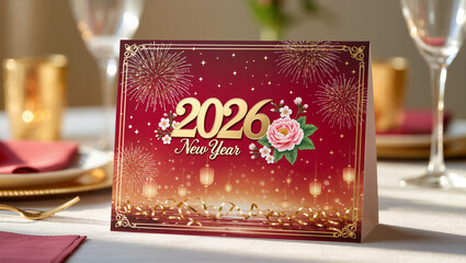 christmas card and 2026 new year wishing card ON TABLE FOR CELEBRATION