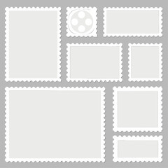 Blank Postage Stamps. Light Postage Stamps. Postage stamp borders isolated on gray background, vector illustration