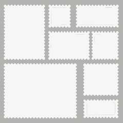 Blank Postage Stamps. Light Postage Stamps. Postage stamp borders isolated on gray background, vector illustration