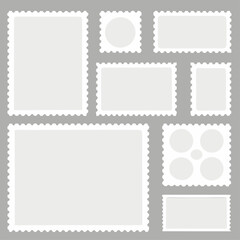 Blank Postage Stamps. Light Postage Stamps. Postage stamp borders isolated on gray background, vector illustration