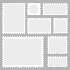Blank Postage Stamps. Light Postage Stamps. Postage stamp borders isolated on gray background, vector illustration
