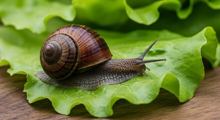Garden Snail Crawling on Fresh Green Lettuce Leaf.
