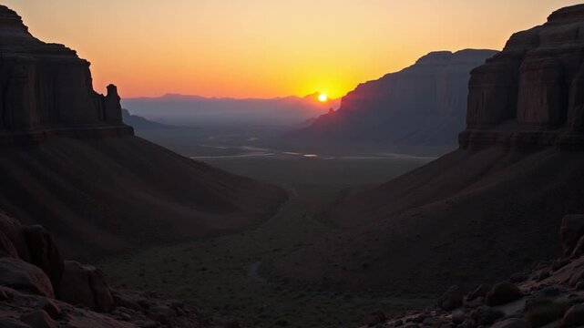 Sunrise in a rocky desert with shadows cast