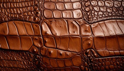 Close-up view of a rich, warm brown crocodile leather texture, showcasing intricate patterns and variations in tone.