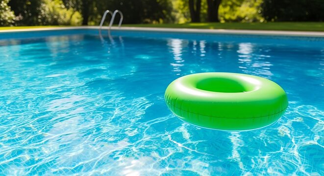 Green inflatable ring floating in a swimming pool on a sunny day.