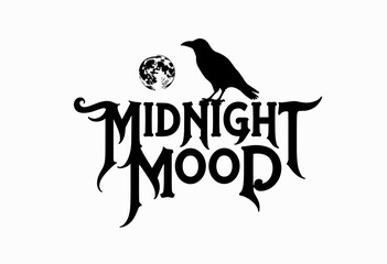 Obraz premium Black crow silhouette with moon against midnight mood text 