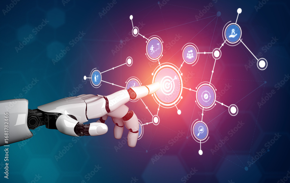 Poster a robotic finger reaches toward digital nodes in a vibrant network, symbolizing the intersection of 