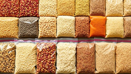 Assorted grains and legumes in plastic bags arranged in rows and columns on a flat surface