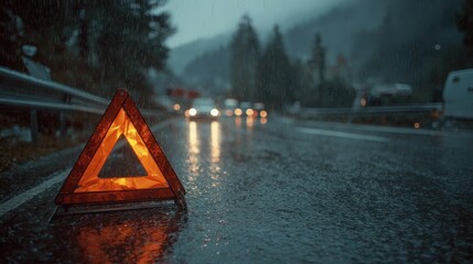 Traffic accident scene on a rainy night showing emergency warning triangle on wet road with blurred vehicle lights