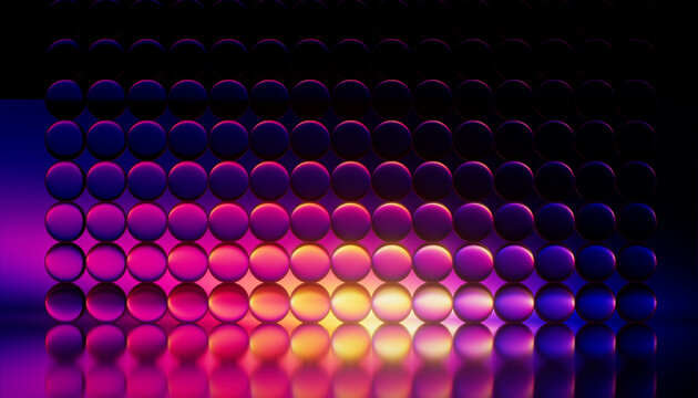 3D crystal spheres reflecting neon colorful background