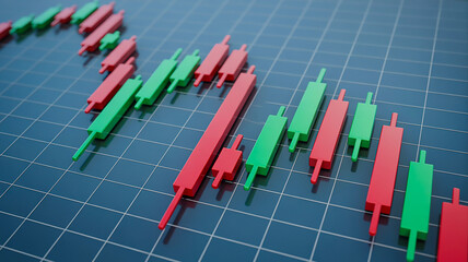 3D Candlestick Chart Visualization with Downward Trend on Dark Blue-Gray Grid Background