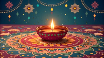 Close up of a lit diya on a decorative rangoli with festive lights