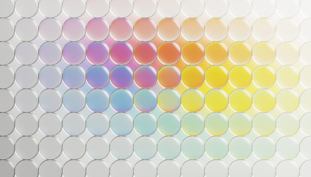 3D crystal circles glowing with soft pastel colors