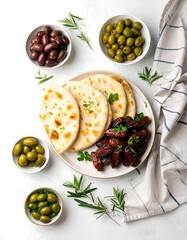 A high-angle, overhead view of a plate of pita bread, olives, and dates, arranged on a white surface with sprigs of rosemary.