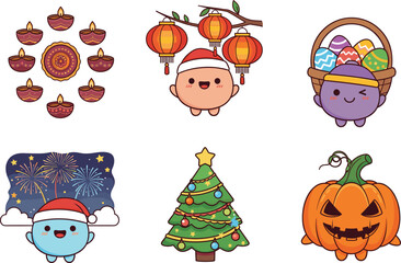 Cartoon holiday characters and decorations including Diwali lamps, Christmas tree, Halloween pumpkin, Easter eggs, lanterns, fireworks, and winter fun.