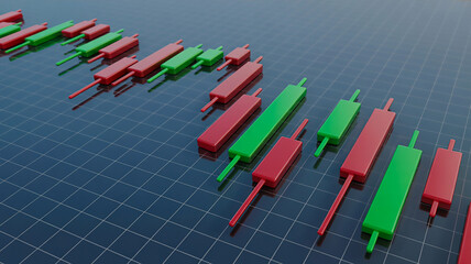 3D Candlestick Chart Visualization with Downward Trend on Dark Blue-Gray Grid Background