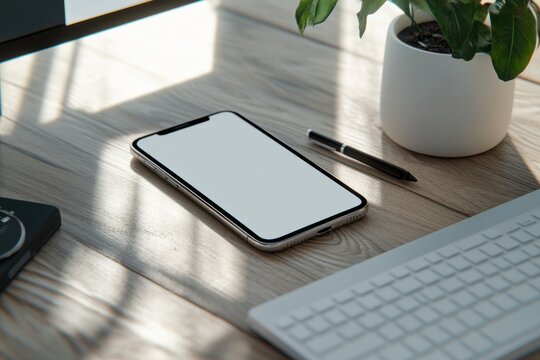 Smartphone with blank white screen mockup on wooden office desk with keyboard, pen and green plant in sunlight, modern workspace for app design, digital technology template
