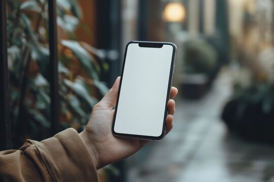 Hand holding smartphone with blank white screen outdoors, modern mockup template for mobile app design, social media interface, branding, advertising, technology presentation 