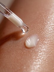 Fototapeta premium Close-up macro shot of a drop of white serum or lotion falling from a glass dropper onto a light beige skin texture, high-key lighting, 