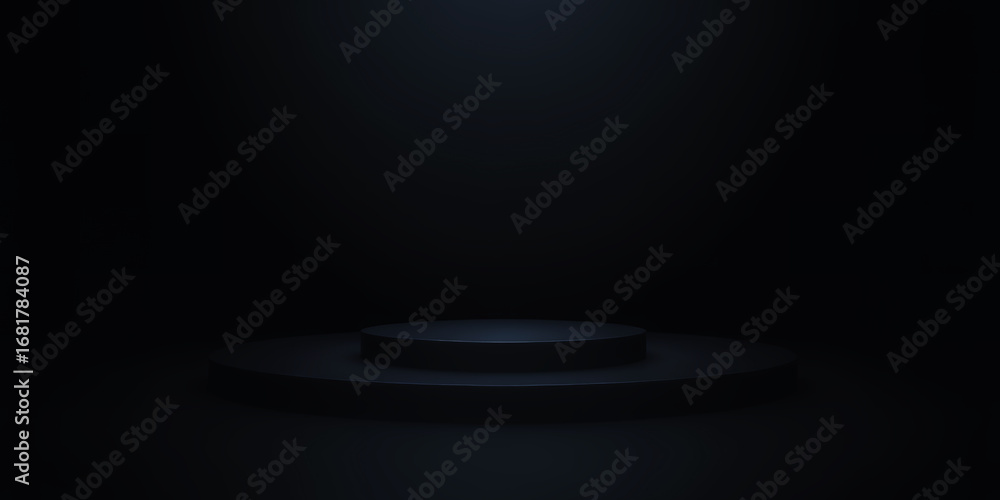 Poster a dimly lit scene featuring a dark circular platform illuminated by a subtle spotlighting