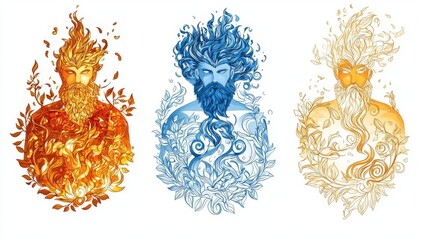 Artistic representation of elemental spirits in vibrant colors, showcasing the essence of nature and mythology.
