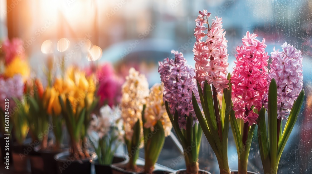 Poster medium shot of a vibrant spring window display with blooming flowers in sharp focus while soft sunli