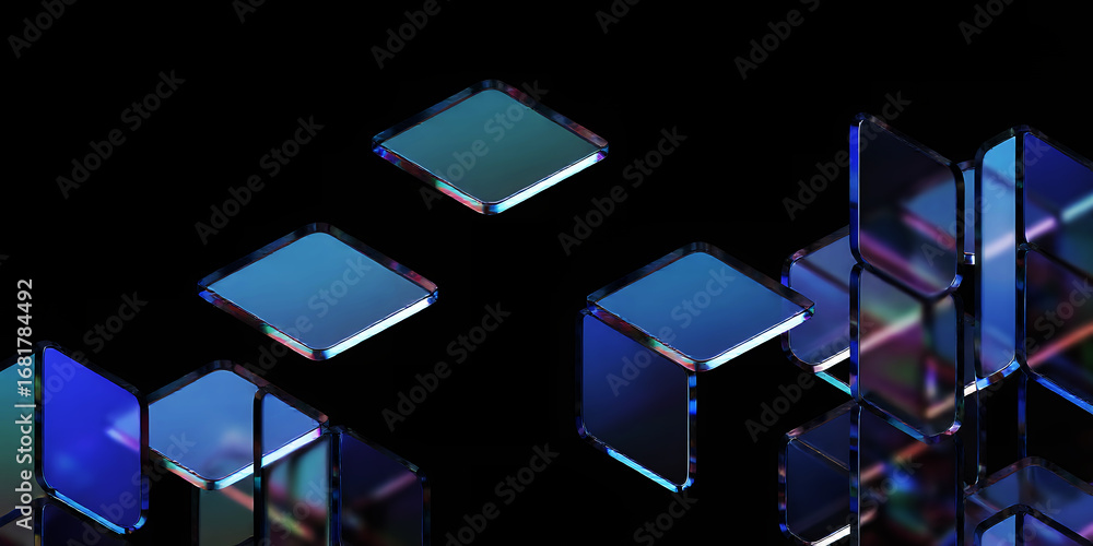 Poster isometric arrangement of translucent cubes with iridescent edges on a black background