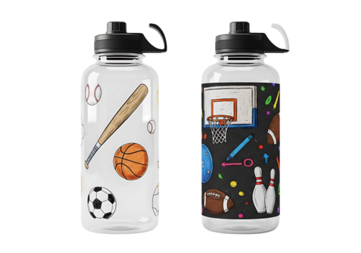 Two clear water bottles with sportthemed designs isolated on transparent background
