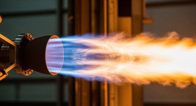 Dramatic plume of bright orange and blue flame streaking from a cryogenic rocket engine nozzle during controlled hotfire testing.