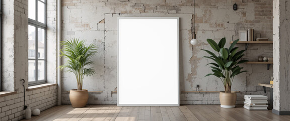 Empty room interior design with a blank poster frame on the wall and a potted plant on the wood floor near the window