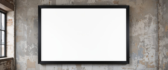 A blank old wooden sign hangs on a textured wall, with an empty frame and space for your custom design
