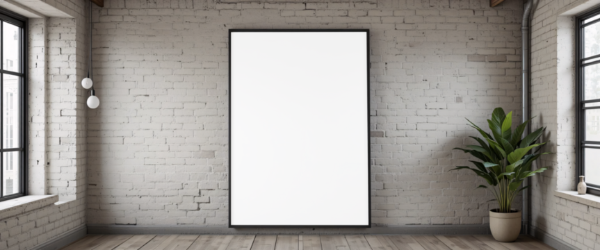 A blank old wooden sign hangs on a textured wall, with an empty frame and space for your custom design