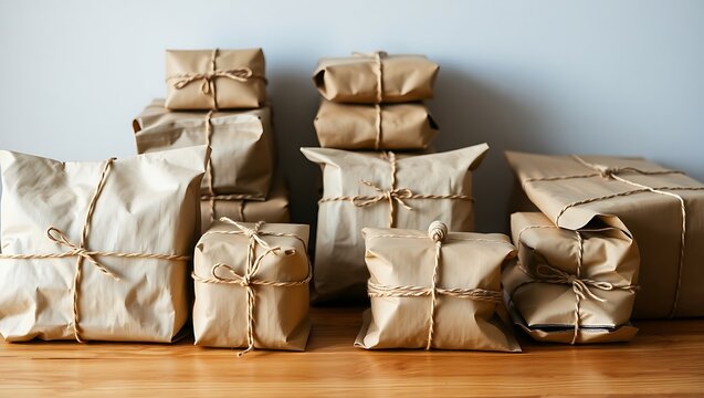 A stack of brown paper packages tied up with string sitting on a light brown wooden surface