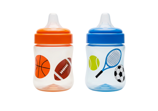 Two baby bottles with sports ball designs isolated on transparent background