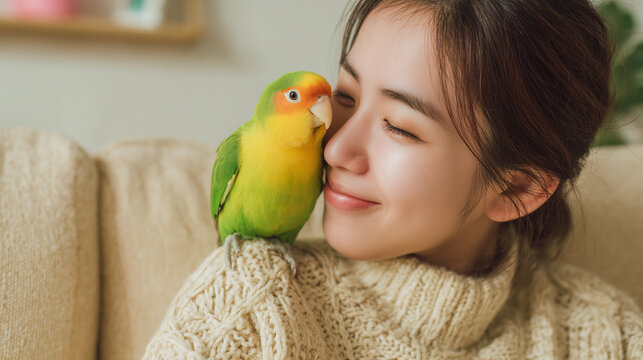 Close-up of happy parrot sitting on the shoulder of a young asian woman, wearing sweater , smiling at the parrot. Living, soft, pastel. Friendship between owner and pet, woman and bird. Animal company
