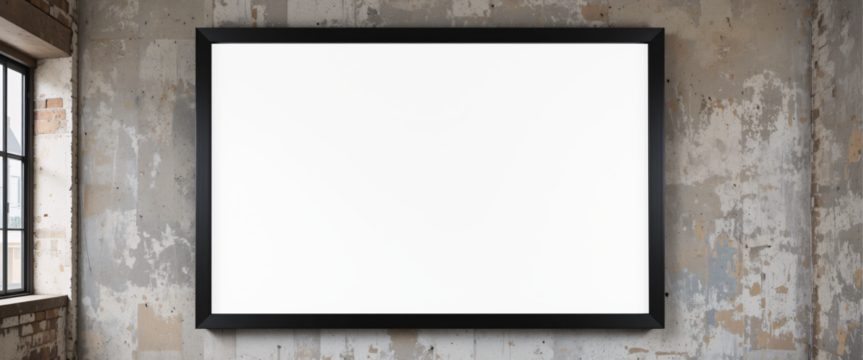 A blank old wooden sign hangs on a textured wall, with an empty frame and space for your custom design