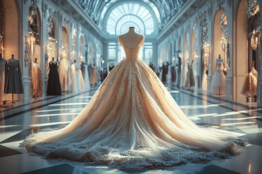 Luxurious couture ball gown displayed in an elegant fashion exhibition hall, golden embroidered wedding dress with long flowing train, stunning bridal fashion 
