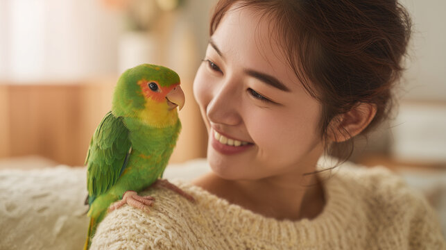Close-up of happy parrot sitting on the shoulder of a young asian woman, wearing sweater , smiling at the parrot. Living, soft, pastel. Friendship between owner and pet, woman and bird. Animal company
