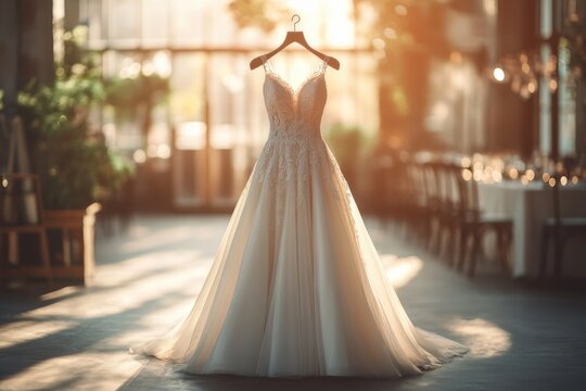 Elegant bridal wedding dress with lace details and flowing skirt hanging in a beautifully lit wedding 