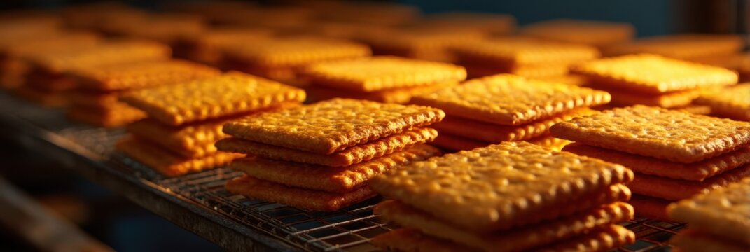 Freshly baked crackers cooling on a rack in a busy bakery during the afternoon - Powered by Adobe