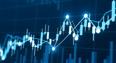 Blue Financial Candlestick and Line Chart with Digital Grid — Stock Market Data Visualization Showing Volatility, Volume, and Trend Analysis