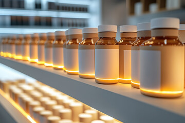 Row of amber pharmacy supplement bottles with blank white labels and glowing shelf light in a modern retail store interior, perfect for branding mockup, product presentation