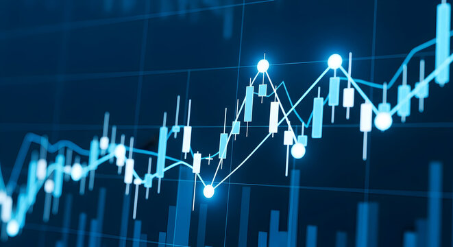 Blue Financial Candlestick and Line Chart with Digital Grid — Stock Market Data Visualization Showing Volatility, Volume, and Trend Analysis - Powered by Adobe