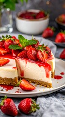 A sliced cheesecake topped with fresh strawberries and a drizzle of sweet sauce, showcasing a delightful combination of creamy cheesecake and juicy berries.