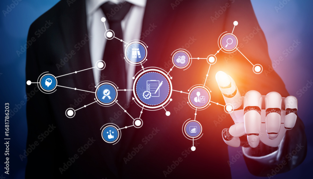 Poster A businessman interacts with a digital interface to visualize connections and data in a modern technology setting, showcasing innovation and automation in business. Tessel
