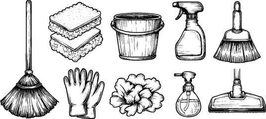 Hand drawn doodle set of cleaning tools and accessories